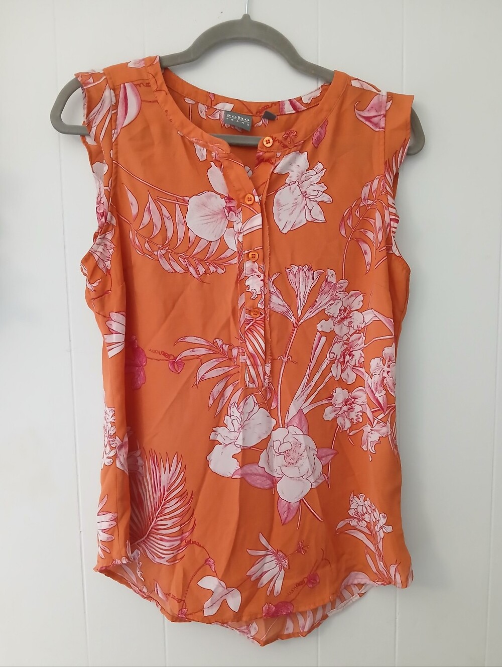 Sleeveless Orange Floral Button-Front Blouse